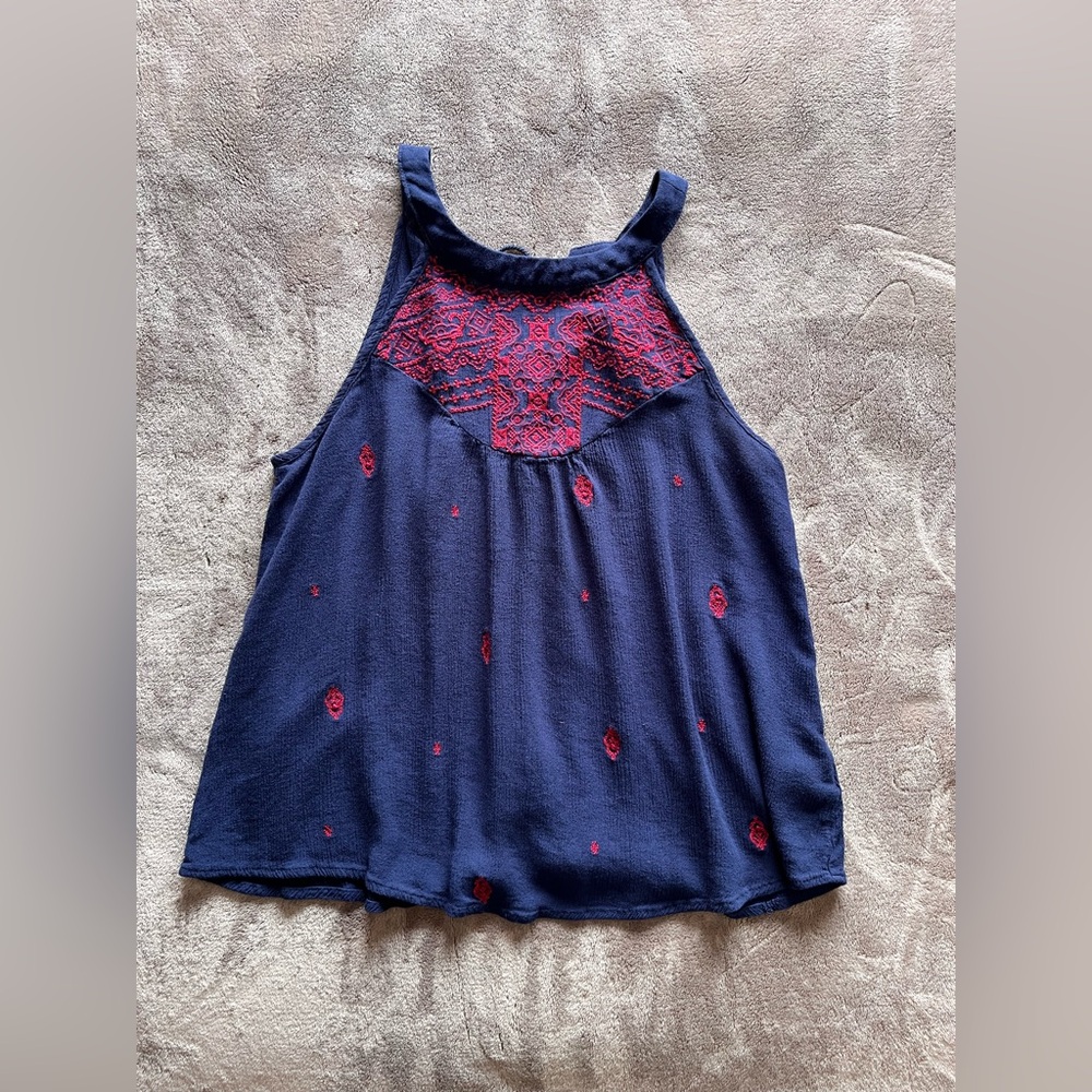 BOHO Picnic Core Navy Blue Flowy Halter Tie Tank Top Women’s Sz Small EUC